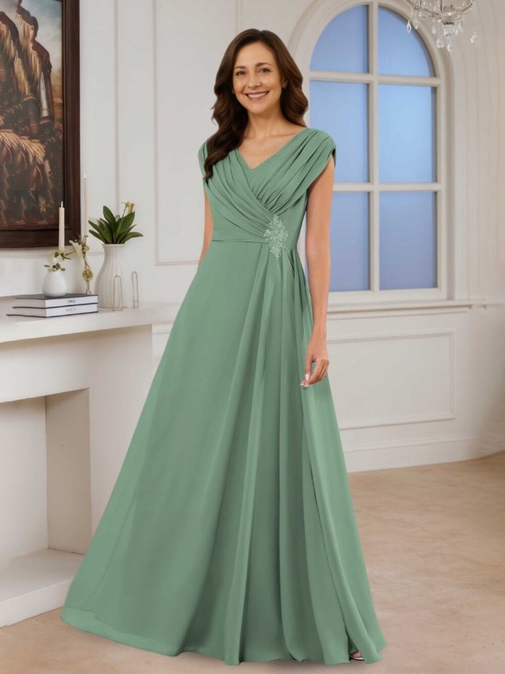Wear Your Love Dress Eucalyptus A-Line Appliqued Long Chiffon Dress